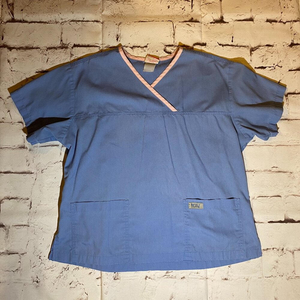 Women's Scrub Top - Izzy Brand - Light Blue/Pink -Medium